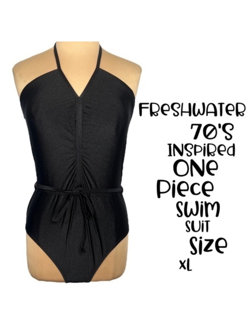 Freshwater 70's retro inspired Ruched Front-Tie One-Piece Swimsuit black
